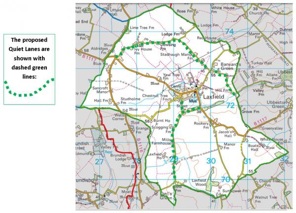 map showing the three proposed Quiet Lanes in Laxfield map showing the three proposed Quiet Lanes in Laxfield