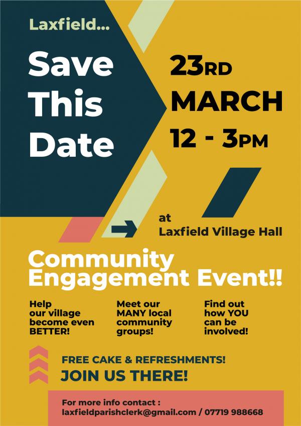 poster for Laxfield's Community Engagement Event 23 March 2024