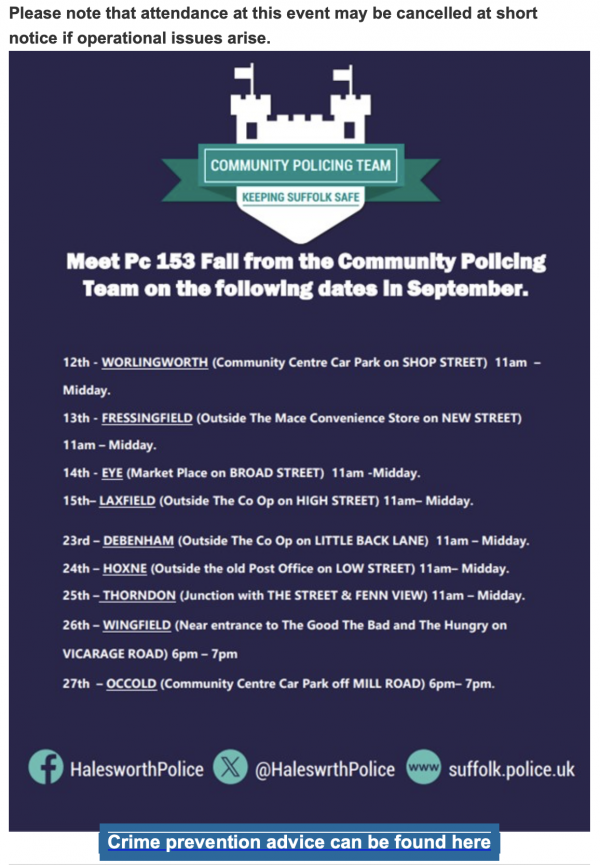 Community Policing Team – Local Community Engagement Events September 2024
