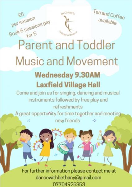 Poster about weekly Toddler Music & Movement with Bethany