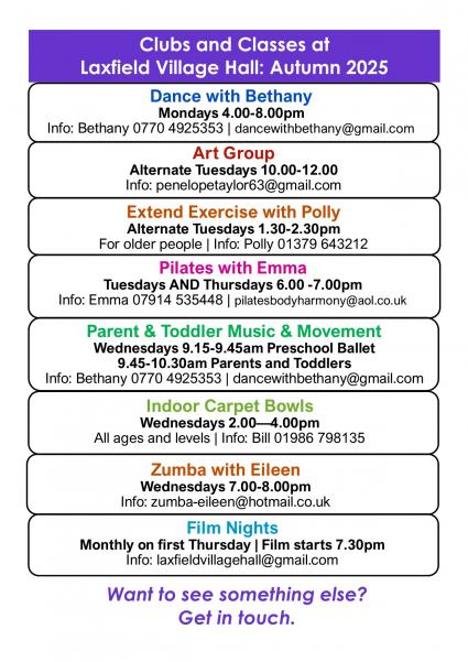 Poster showing all Clubs and Classes autumn/winter 2025/2026