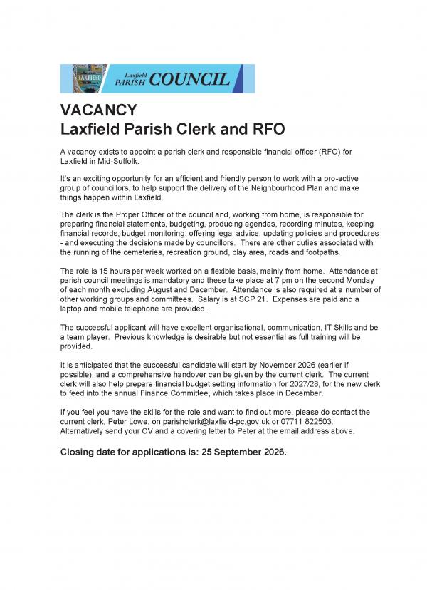 Parish Clerk Advert for Sepember 2026 Parish Clerk Advert for Sepember 2026