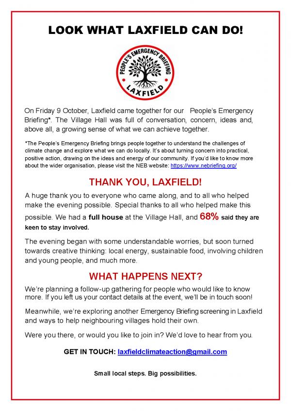 Laxfield Peoples Emergency Briefing Thank You Notice